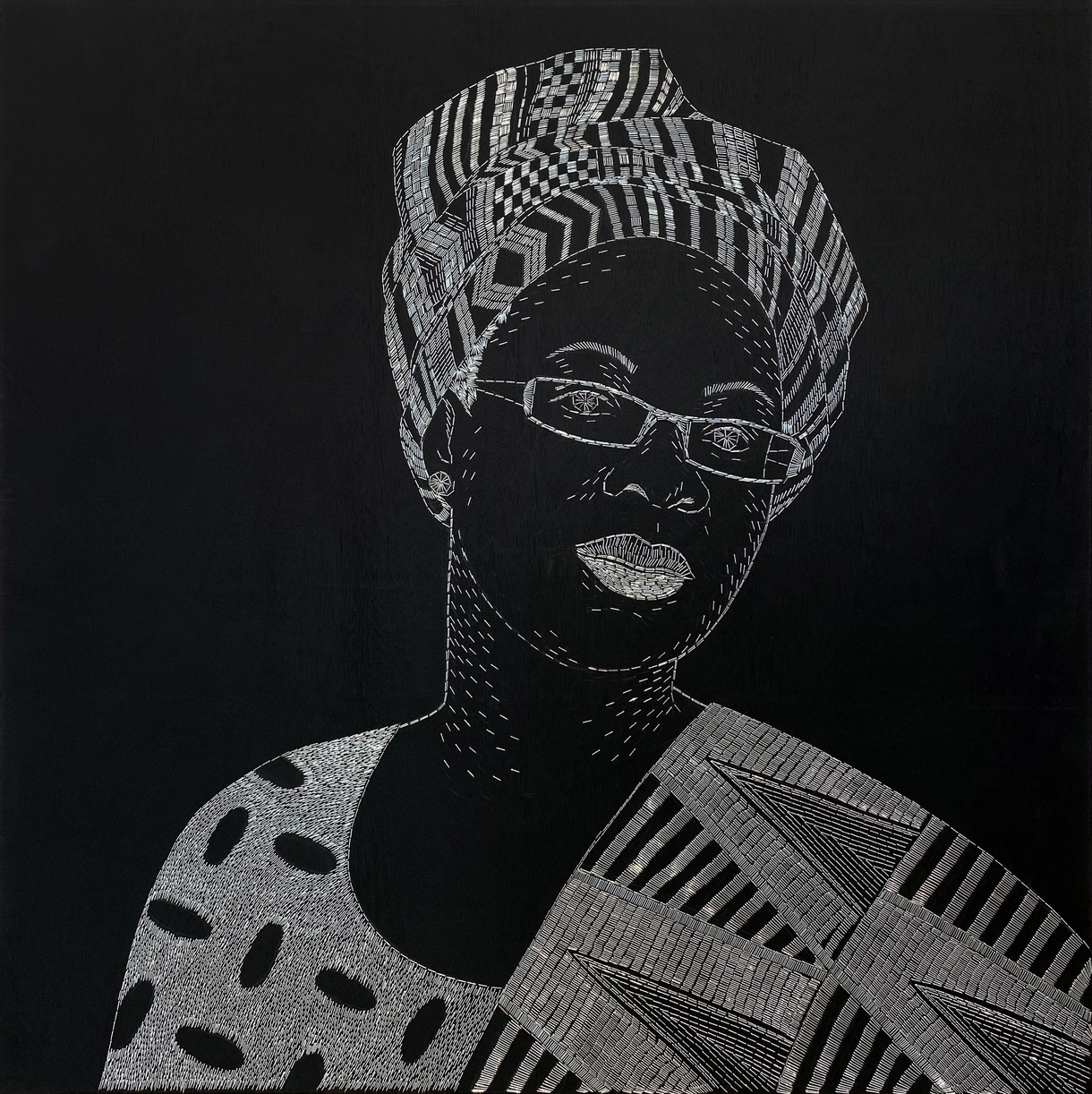 Sasha Huber, The Firsts – Bisi Silva (1962-2019), metal staples on painted wood, 2025. Gifted by Sasha Huber.